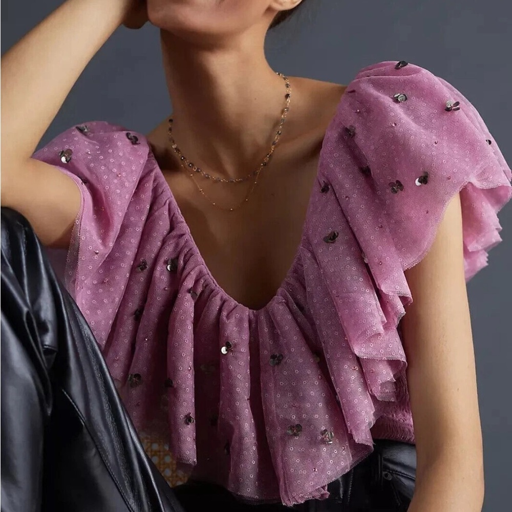Anthropologie Mauve Ruffled Textured sequin Blouse 51422 - Picture 1 of 12